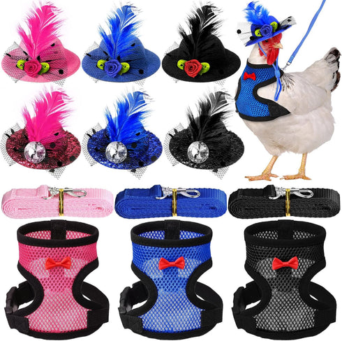 9 Pcs Chicken Harness with Leash and Hats Set, Funny Accessories for Hens, Duck, Goose, Parrot, Adjustable Training