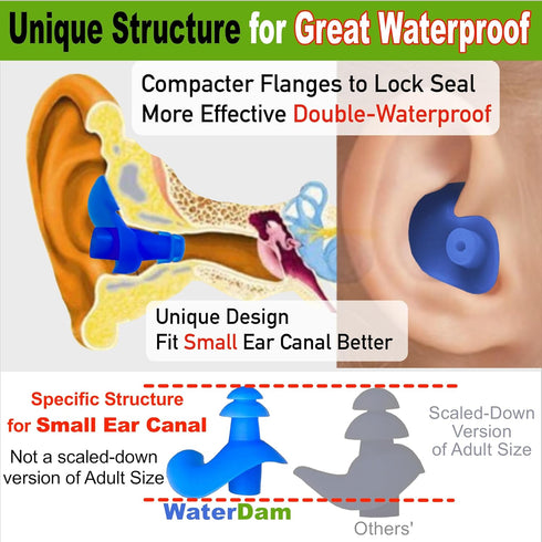 WaterDam Swimming Ear Plugs, Waterproof Ultra Comfy Earplugs Prevent Swimmer's Ear for Small and Large Ear Men Women