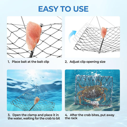 2-Pack 33ft Castable Crab Traps Foldable Crabbing Nets with Auto-Close Spring, Rope & Bait Clip for Blue Crabs