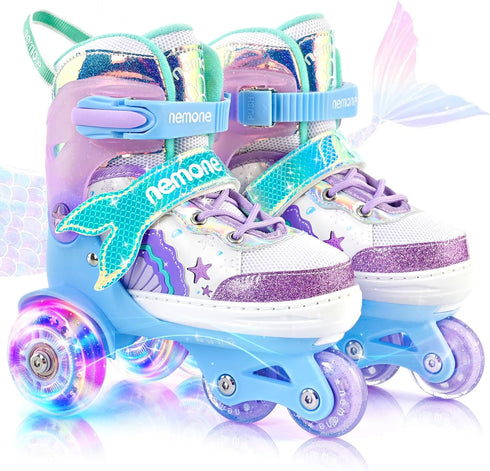 NEMONE Mermaid 4 Size Adjustable Light up Roller Skates for Girls, Purple