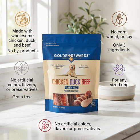 Generic 12 oz 3-Ingredient (Pack 1) Dog Treats Chicken, Duck & Beef Variety Jerky Dog Chews, Grain Free Dog Snacks