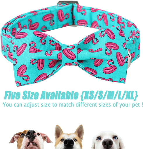 Dog Collars with Bow Tie - Green Flamingo Adjustable Collar for Small Medium Large Dogs, Boy & Girl Gift (L, Neck