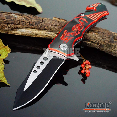 KCCEDGE EDC Pocket Knife Camping Gear, Folding Knife with Razor Sharp Edge Drop Point Blade 58595 (Black)
