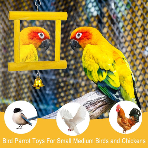 Lnngub 1pc 2pcs Chicken Toys - Hanging Bell Parrot Chicken Swing Mirror + Beak Grinding Stones for Enrichment, Perfect