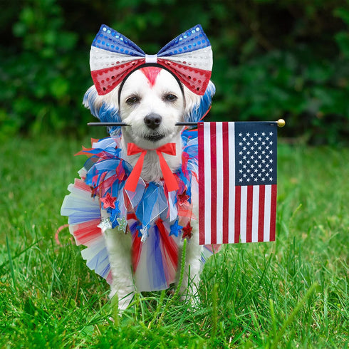 Weewooday 3 Pieces Girl Dog Costume, Patriotic 4th of July Tutu Skirt and Bowtie Headband for Small Dog Decorations