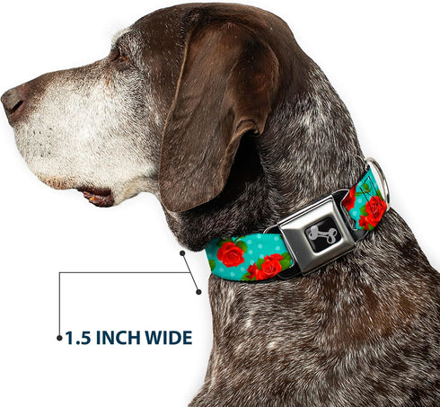 Dog Collar Seatbelt Buckle, Red Roses Polka Dots, Turquoise, 9 to 15 Inches, 1.0 Inch Wide