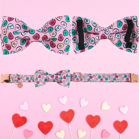 Valentine Dog Collar with Bow Tie, Cotton Pink Collar for Puppy Girl Boy Dog or Cat, XS, Neck 8-12in