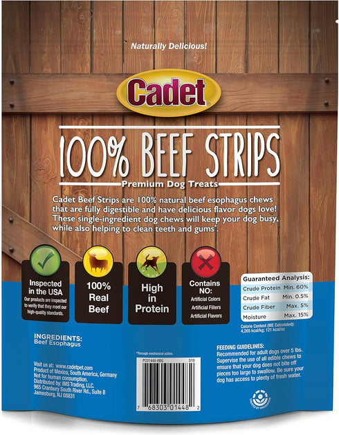 Cadet 100% Beef Strips Dog Chew Sticks, Long-Lasting Natural Treats, 8 oz