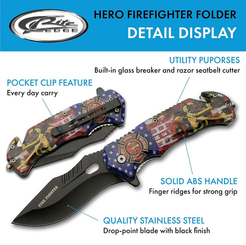 SZCO Supplies : 8”Firefighter Decal Liner Lock Assisted Open Tactical Rescue Professional Folding Knife, Red (300557-FF)
