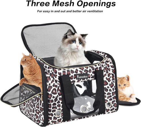 Petmolico Cat and Dog Carrier, Airline Approved Soft Travel Carrier with 3 Open Doors, Leopard