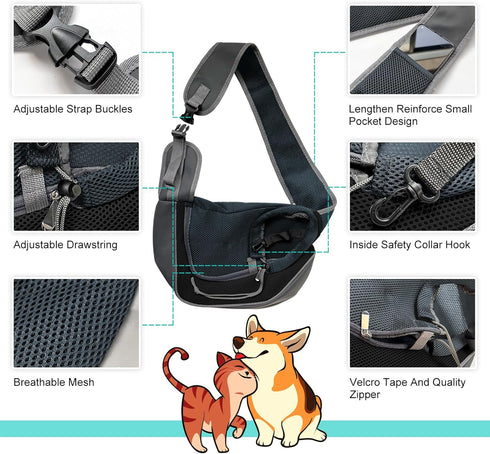 Dog Sling Carrier for Small Dogs and Cats, Breathable Mesh Hand-Free Bag for Traveling and Hiking (Medium, Black)