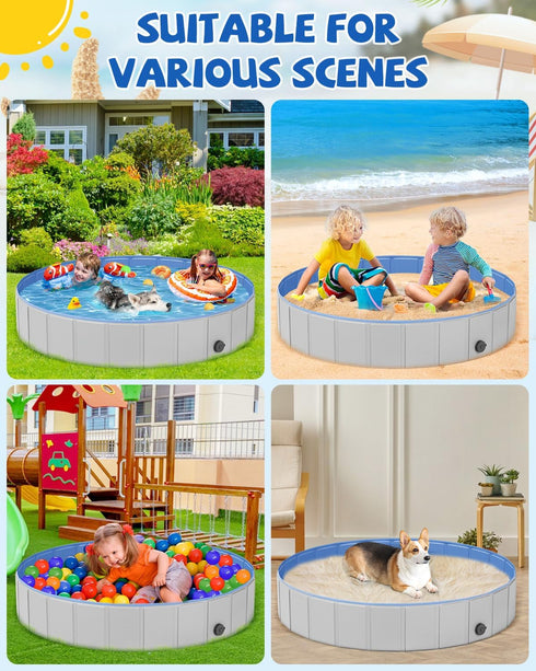 Portable Dog Pool - PVC Collapsible Swimming Pool for Pets, Hard Plastic Bathtub (S-32" x 8" Light Grey)