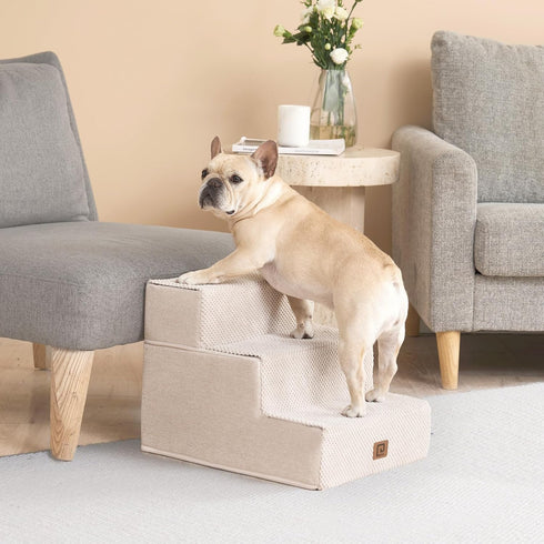 EHEYCIGA 3-Step Dog Stairs for Small Dogs, 13.5" H Non-Slip Indoor Ramp for Couch and Chair, Beige
