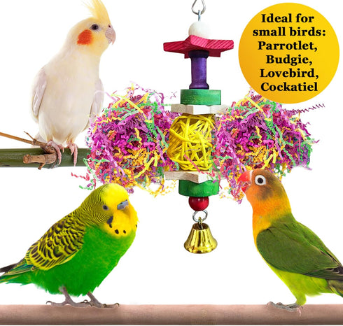 SunGrow Parakeet Toy - Brightly Colored Hanging Toy Made of Rattan, Wood, and Shredded Paper for Small Parrots