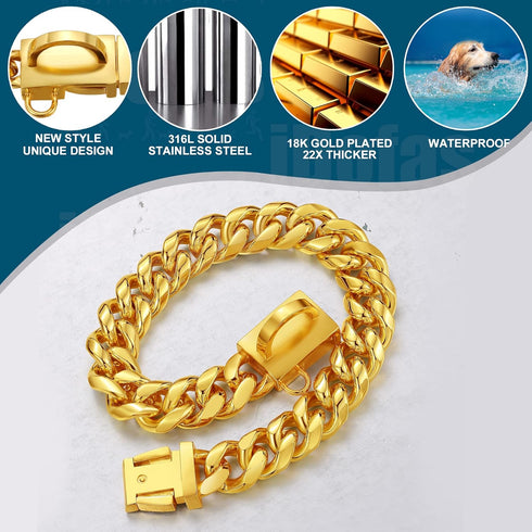 14mm Gold Cuban Link Dog Chain Collar with Snap Buckle, 18K Gold Plated Stainless Steel for Small Medium Large Dogs