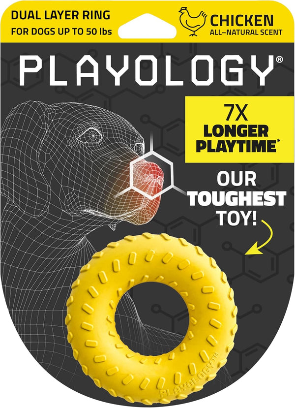Playology Durable Dog Toys - Dual Layer Chew Ring Toy, Chicken Scented Yellow Rubber for Medium Dogs