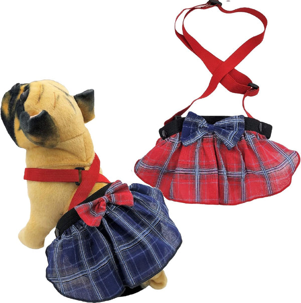 Pack of 2 Dog Skirt Female Diapers, 100% Cotton with Suspenders for Small and Large Pets, Plaid Tartan Blue Red