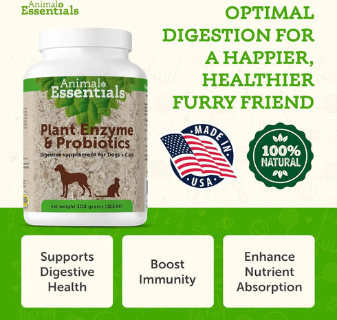 Animal Essentials Plant Enzyme & Probiotics - Digestive Supplement for Dogs & Cats, 10.6 Oz