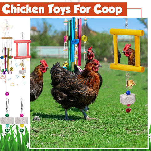 VioraWhite 7 2 4 Pack Pcs Chicken Toys, Hanging Chicken Wind Chime, Pcs Coop Mirror Toys with Bells Beak Grinding