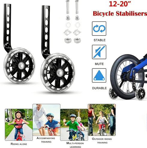 Training Wheels for Children's Bicycle, Flash Mute Wheel Stabiliser Mounted Kit for 12 14 16 18 20 Inch