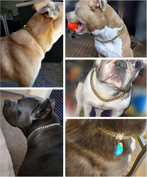 Heavy Duty Cuban Link Chain Dog Collars - 15MM Gold/Silver Stainless Steel Metal Training Collars for Large Medium