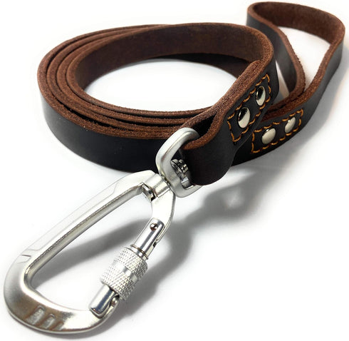 Leather Dog Leash with Locking Carabiner - Strong and Soft for Training and Walking, 6 Ft Long x ¾” Wide