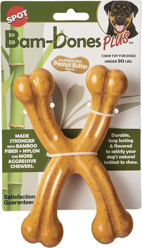 SPOT Bam-bones PLUS Double Wishbone - Bamboo Fiber & Nylon, Durable Chew for Aggressive Chewers, 7in, Peanut Butter
