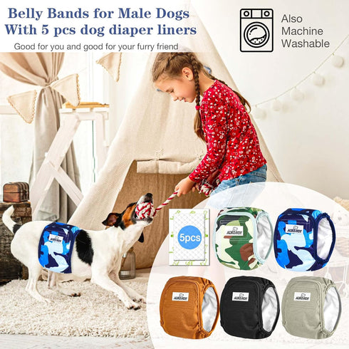 5 Pack 5pcs Belly Bands for Male Dogs Washable Dog Diapers Reusable Male Dog Pee Wraps with Dog Diaper Liners