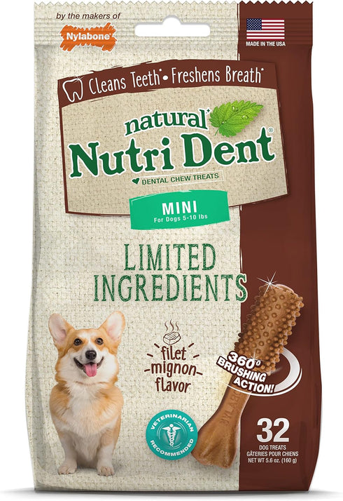 Nylabone Nutri Dent Dog Dental Chews, Filet Mignon Flavor, Mini, 32 Count