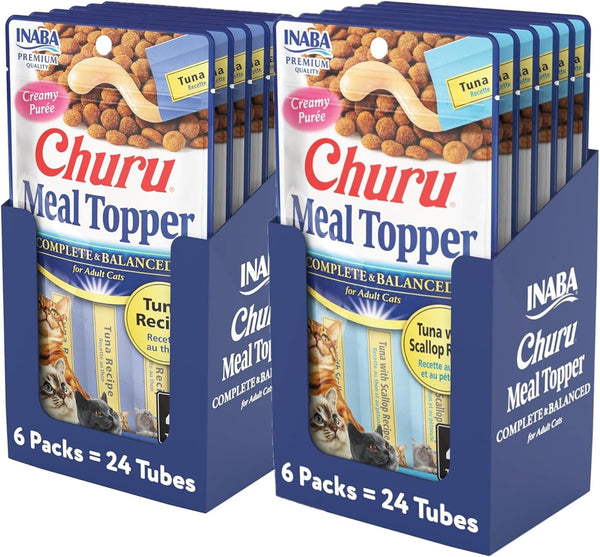INABA Churu Meal Topper for Cats, Complete & Balanced, Creamy Lickable Purée Cat Food Topper, 0.5 Ounce Tube, 48 Tubes