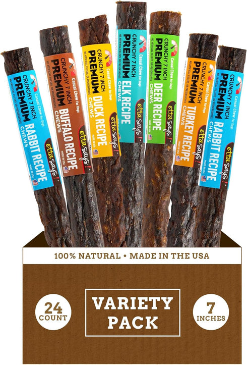 etta says! Crunchy Premium Variety Pack Dog Chews – 7" Grain-Free Chews, Made in USA, Easy to Digest (24 Count)