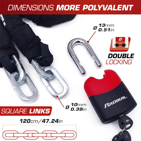 RADIKAL RK4120 Motorcycle Chain Lock, Cemented Steel, 3.93ft Long, High Security Padlock