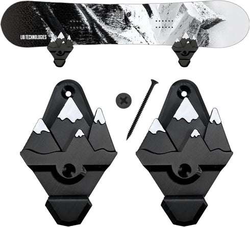 Snowboard Wall Mount with Hooks - Universal Design Snowboard Rack, Space Saver Wall Art (Black & White)