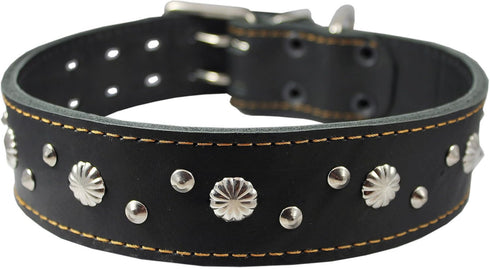 Thick Genuine Leather Studded Dog Collar 2" Wide Black for 19"-22" Neck, Fits Retriever, Doberman, Rottweiler, Pit Bull
