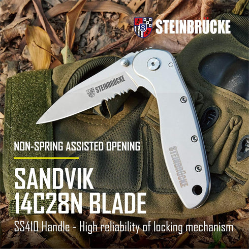 Folding Pocket Knife with Clip - 3.1” Sandvik 14C28N Stainless Steel Blade, Titanium Coated Serrated, SS410 Handle for