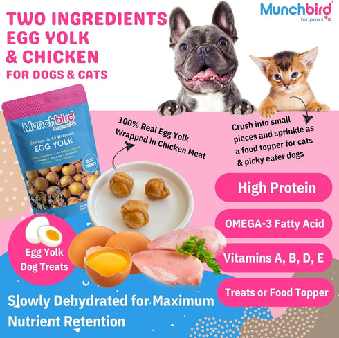7 oz, 2030 Munchbird Dehydrated Chicken Jerky Wrapped Egg Yolk Dog Treats, high-Protein Dog Food Topper with no