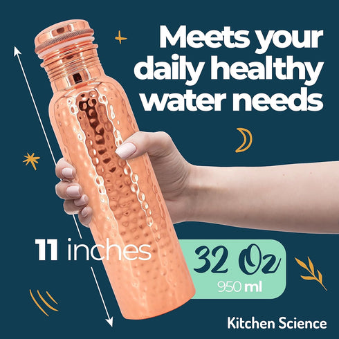 Pure Copper Water Bottle (34oz/1000 ml) with Copper Tumbler, Carrying Bag & Deco Sleeve, Lab-Tested, Leak-Proof
