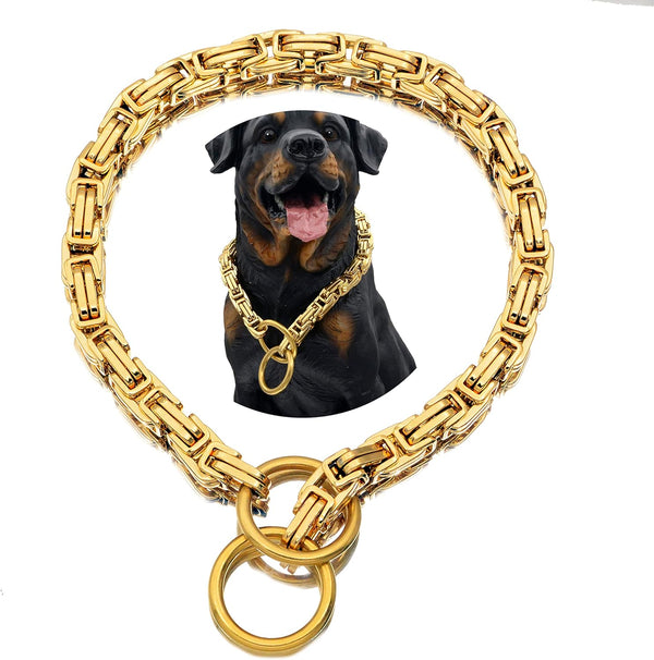 12MM Heavy Duty Slip Dog Collars for Dogs, Byzantine Chain Metal, Stainless Steel, Gold (14"-30") (26)