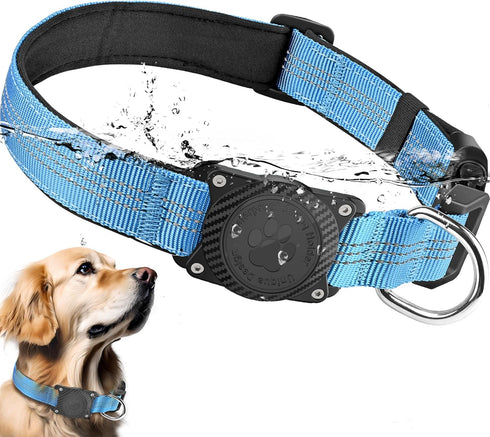 Airtag Dog Collar, Waterproof Air Tag Holder, Reflective Comfortable Padded Adjustable Collar for Heavy Duty Dogs, Blue