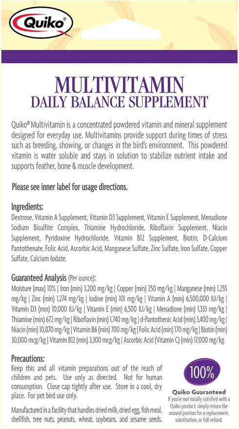 Quiko Multivitamin Daily Balance Vitamin & Mineral Supplement for All Pet Birds, 1.0 Ounce