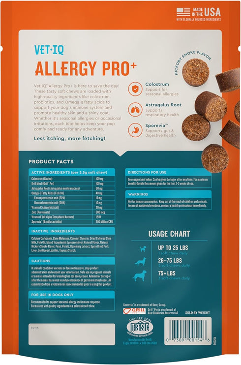 60 Count VetIQ Allergy Pro+ Soft Chews for Dogs, Dog Allergy Chews, Seasonal Support, Colostrum, Astragalus Root