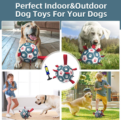 QDAN Extra Large Dog Toys, Soccer Ball with Straps, Interactive Tug of War Toy for Large Dogs - Blue & Red (9 Inch)