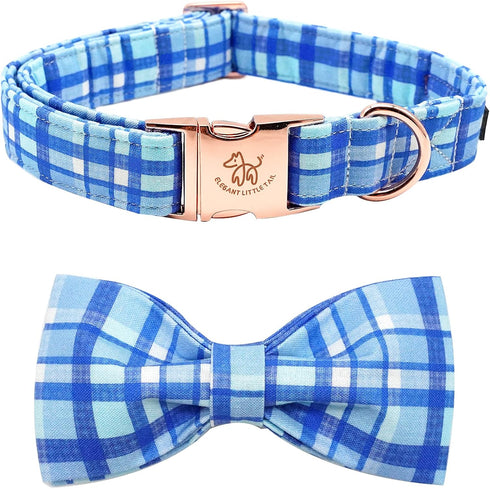 Elegant little tail Dog Collar with Bow, Blue Plaid Boy Dog Collar, Adjustable for Small Puppies and Dogs