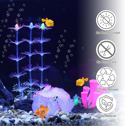 Silicone Glowing Aquarium Decorations, Fluorescence Coral and Sea Anemone Decor Set in Purple, Pink, Green