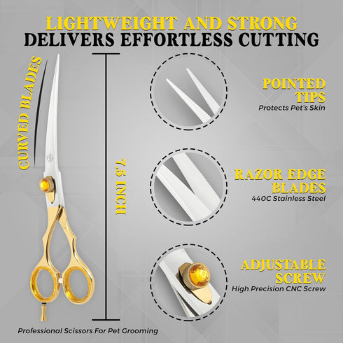 ZAPRIO 7.5 Inch Curved Grooming Scissors for Dogs and Cats Professional Pet Grooming Shears for Face, Paws, Body