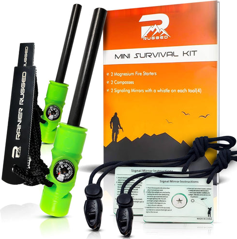 Rainier Rugged 5-in-1 Glow-in-The-Dark Fire Starter Kit - Compact Portable Hiking, Camping, Trekking, Emergency