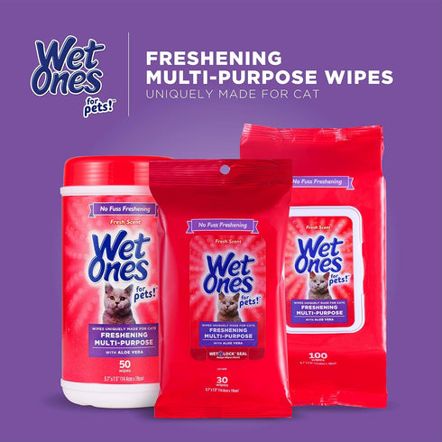 Wet Ones for Pets Freshening Wipes for Cats, 50 Count- 3 Pack, Aloe Vera, Easy to Use Cat Grooming Wipes, Fresh Scent