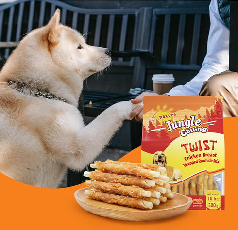 Snacks,10.6 oz Jungle Calling Dog Treats, Chicken Wrapped Rawhide Sticks for Dogs, Grain-Free Natural Small Dogs
