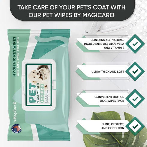 MAGICARE Grooming Wipes for Dogs & Cats - 100 Unscented Deodorizing Wipes for Sensitive Skin, Made in USA