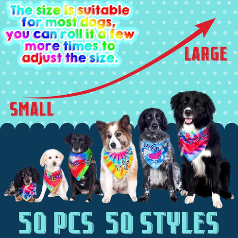 Huhumy 50 Summer Pcs Tie Dye Dog Bandanas Bulk Pet Bibs Colorful Triangle Scarf Tie Dye with Sayings Pet Bandanas